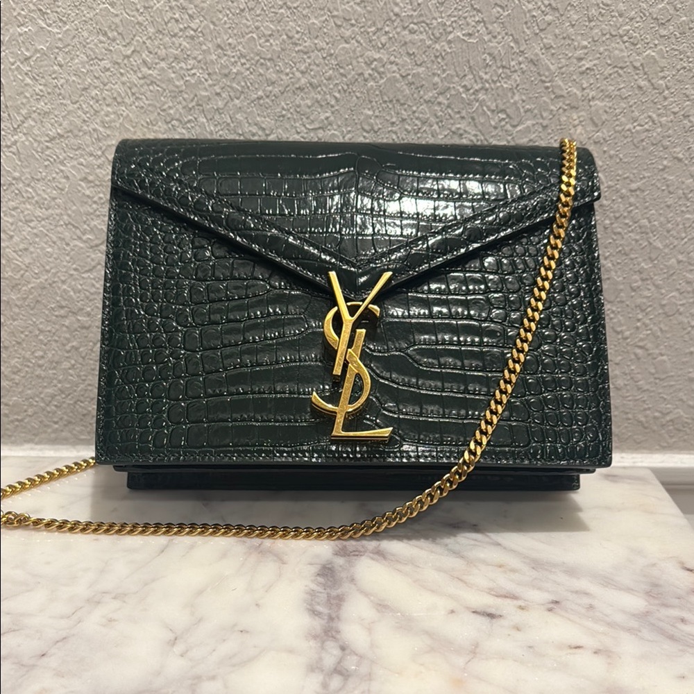 Yves Saint Laurent Green Gold Croc-Embossed Crossbody